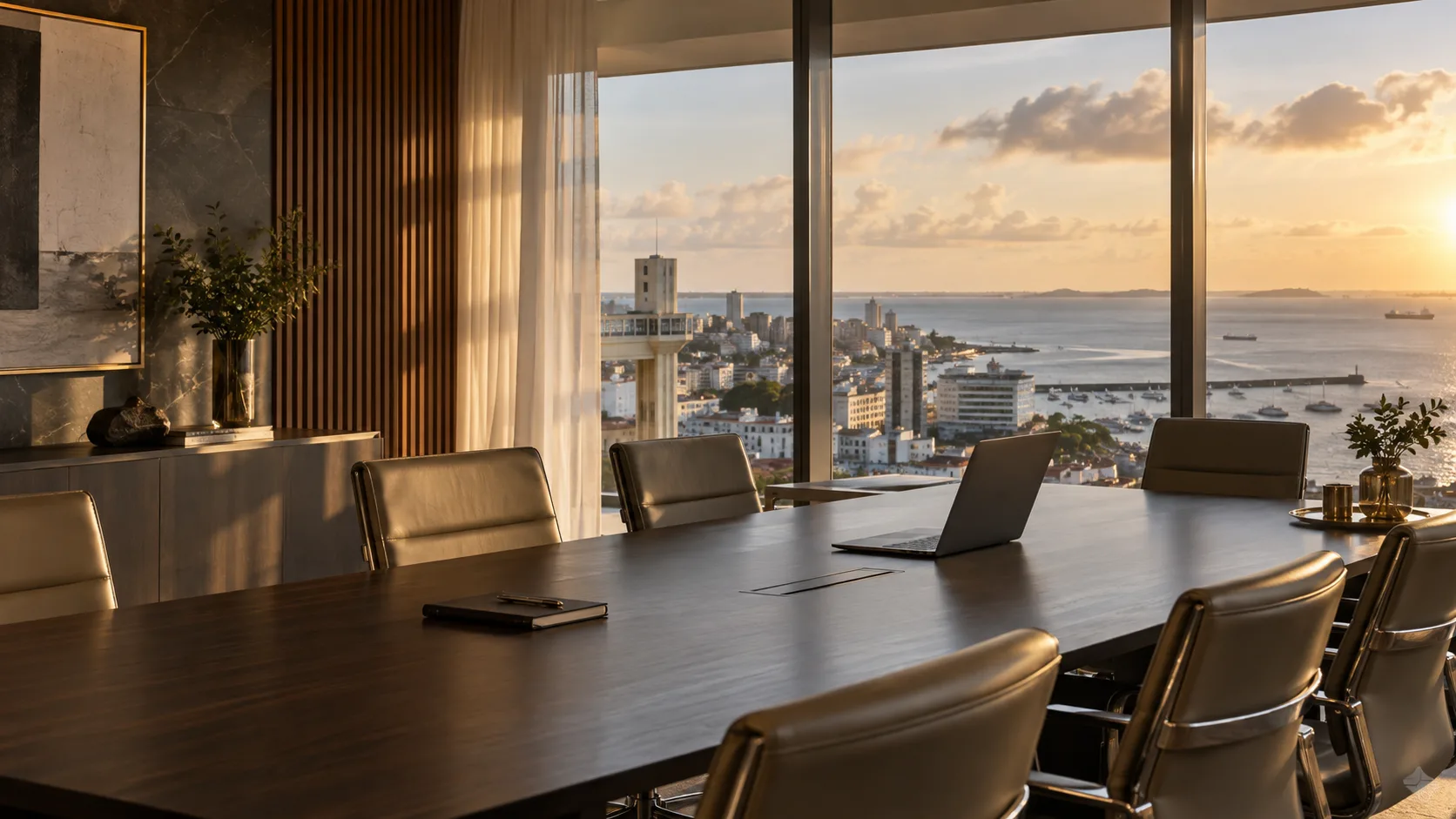 Sala de reuniões com vista para a cidade e o litoral